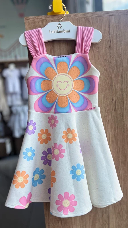 VESTIDO COM ALÇA CANELADA FLORES E STRASS MENINA INFANTI AREIA/ROSA / 12