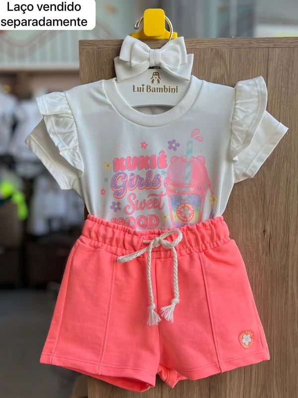 CONJUNTO BLUSA MANGA CURTA BABADO ICE CREAM SORVETE E SHORT NEON MENINA KUKIÊ OFF/ROSA NEON / 8