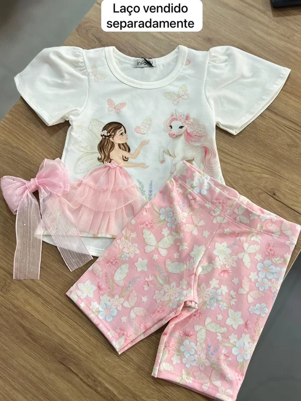 CONJUNTO BLUSA MANGA CURTA FADA BAILARINA UNICORNIO BORBOLETAS TULE E SHORT LEGGING MENINA INFANTI OFF/ROSA / 6