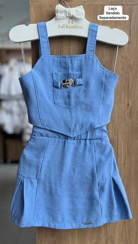 CONJUNTO BLUSA ALÇA CROPPED BOLSO PINGENTE CORAÇÃO E SHORT SAIA MENINA INFANTI AZUL / 8