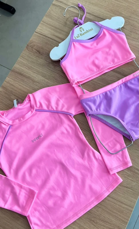 CONJUNTO BLUSA MANGA LONGA COM BIQUINI E CALCINHA DUAL COLOR UV50+ MENINA INFANTI ROSA/LILÁS / 6