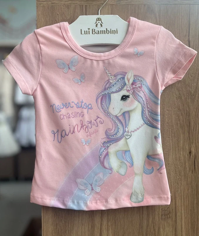 BLUSA MANGA CURTA UNICORNIO STRASS MENINA INFANTI ROSA CLARO / 2