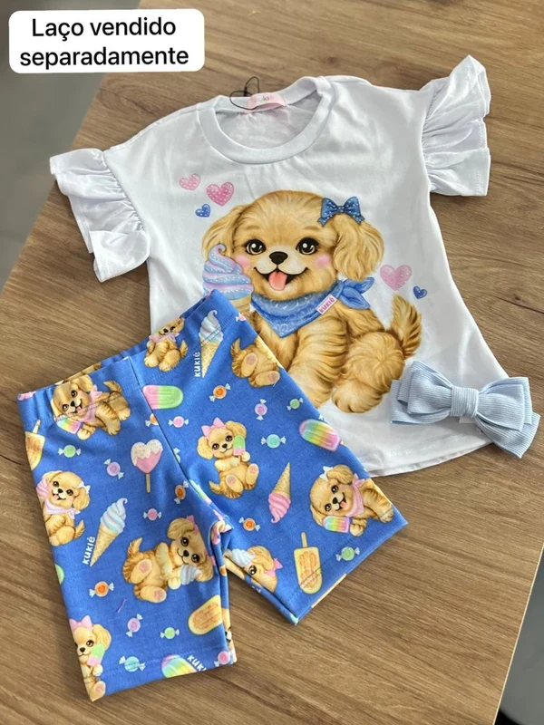 CONJUNTO BLUSA MANGA CURTA BABADO CACHORRO ICE CREAM SORVETE E SHORT LEGGING MENINA KUKIÊ BRANCO/AZUL / 2