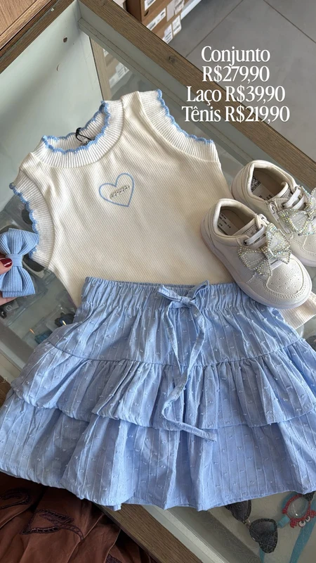 CONJUNTO BLUSA REGATA MANGAS E GOLA BODADOS COM SAIA BABADO PIPOQUINHA MENINA INFANTI BRANCO/AZUL / 8