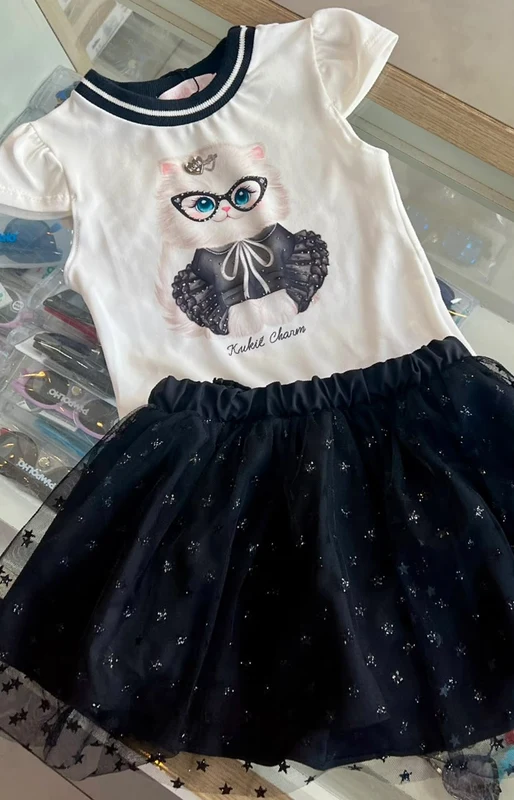 CONJUNTO BLUSA MANGA CURTA GATINHA ÓCULOS STRASS E SAIA TULE GLITTER MENINA KUKIE Preto / 12