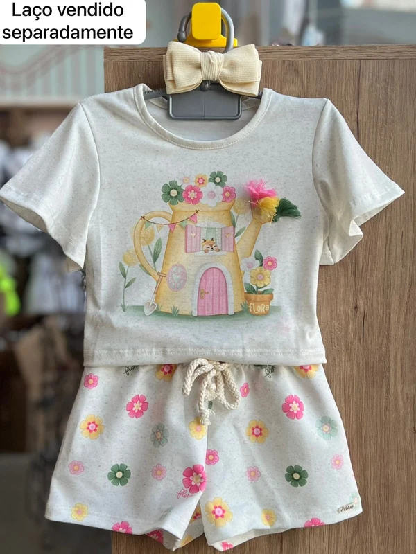 CONJUNTO BLUSA MANGA CURTA BABADO JARDIM FLORES E SHORT MENINA INFANTI OFF / 2