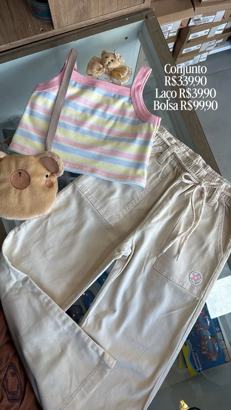 CONJUNTO BLUSA REGATA LISTRAS CLORIDAS E CALÇA CINTO CORDÃO GLITTER MENINA KUKIE ROSA/BEGE / 10