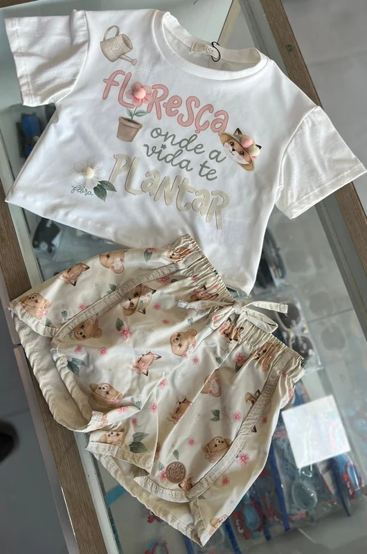 CONJUNTO BLUSA MANGA CURTA FLORESÇA E SHORT RAPOSA E URSINHA MENINA INFANTI OFF/BEGE / 10