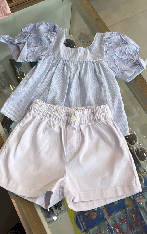 CONJUNTO BLUSA BATA MANGA CURTA FLORES E LISTRAS COM SHORT SARJA MENINA INFANTI AZUL/BRANCO / 10