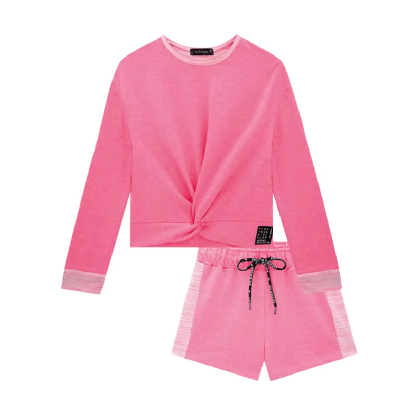 Conjunto Blusao Boxy Manga Longa E Short Rosa Neon Vic&vicky