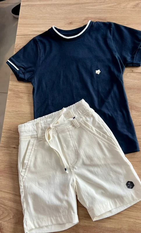 CONJUNTO CAMISETA MANGA CURTA E GOLA LISTRA COM BORDADO E BERMUDA SARJA MENINO JOHNNY FOX MARINHO/OFF / 14