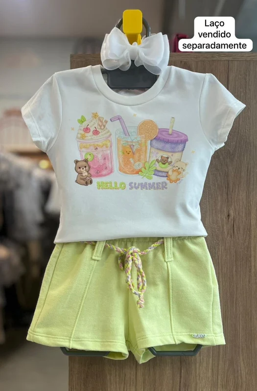 CONJUNTO BLUSA MANGA CURTA HELLO SUMMER STRASS SUCOS E SHORT MENINA KUKIÊ OFF/VERDE / 3