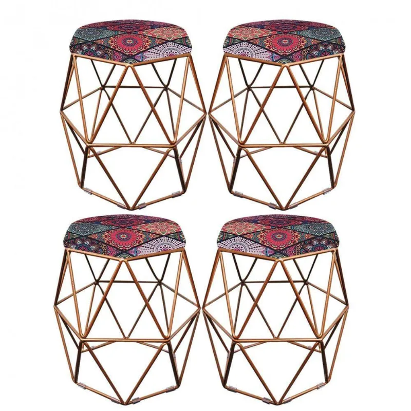 Kit 04 Puff Banqueta Aramado Luna Hexágono Base Bronze Mandala Colorido