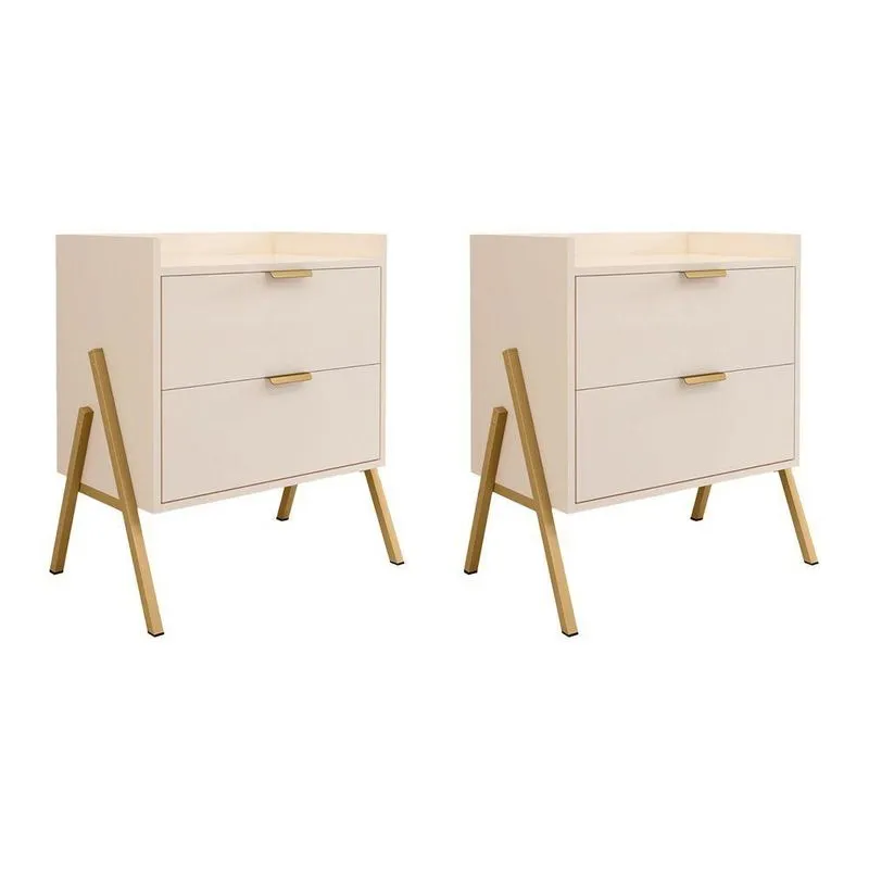 Kit 2 Mesas De Cabeceiras Retrô Com 2 Gavetas Asher 45cm - Off-white