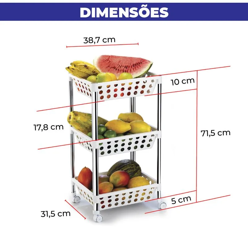 Fruteira Compacta Com Rodinhas Organizadora Fruteira 3 Andares Arthi