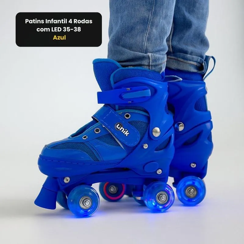Patins Infantil 4 Rodas Com Led 35-38 - Azul