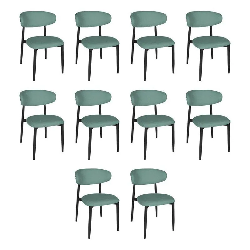 Kit 10 Cadeiras De Jantar Lucy Estrutura Aço Carbono Laminado Preto Com Estofado Linho Verde