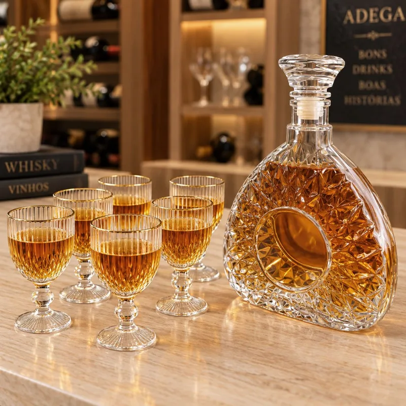 Jogo Garrafa Taças Vidro Bebida Whisky Licor 750ml Kit 7pçs