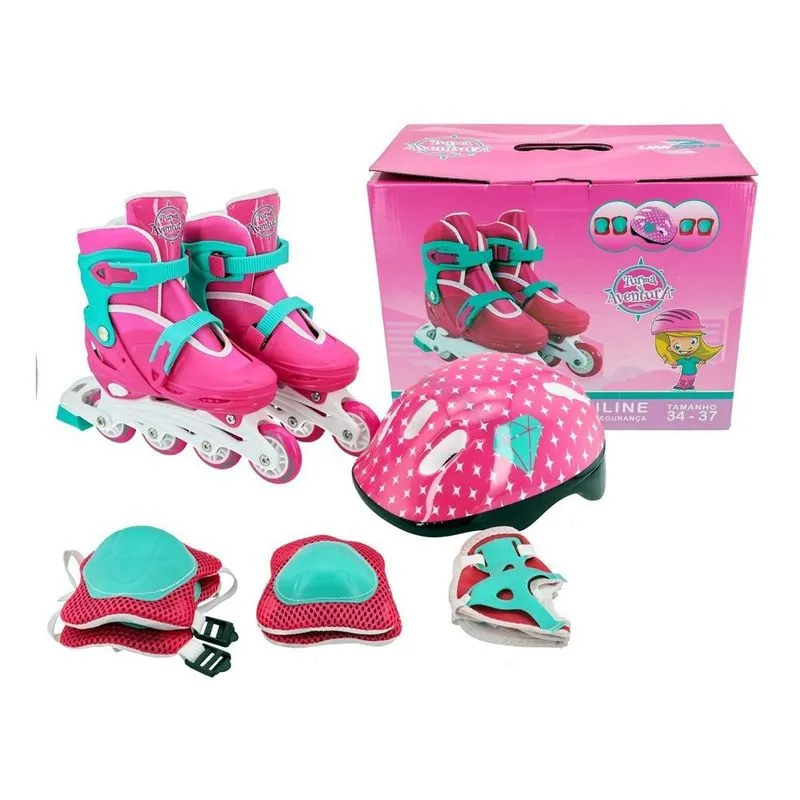 Patins Inline Ajústavel + Proteção Rosa 34/37 Unitoys 1439