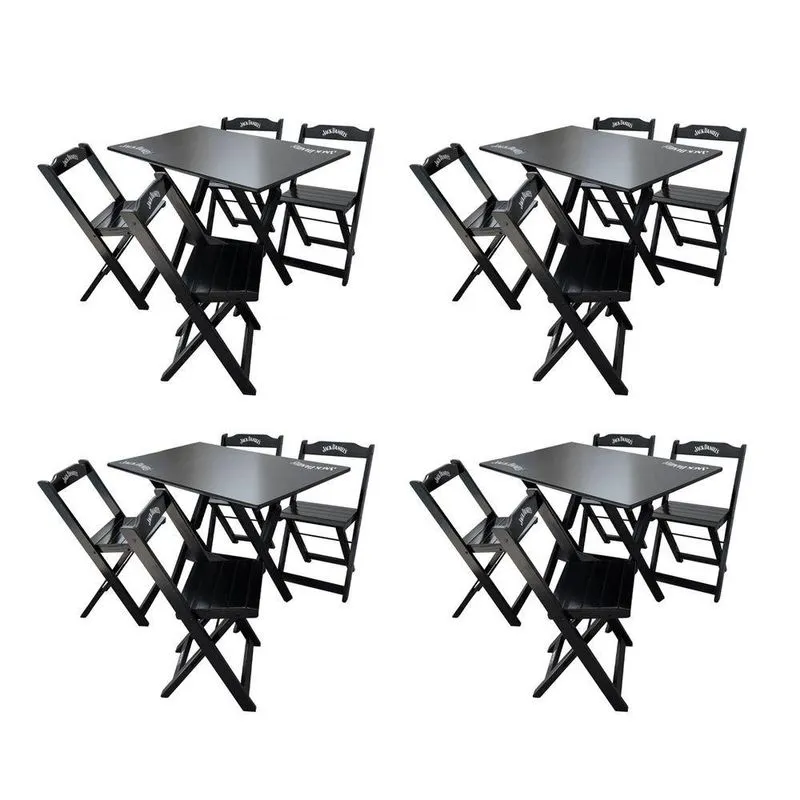 Kit 4 Conjuntos Mesa Dobrável Madeira 110x70 Com 4 Cadeiras Personalizada Jack Preta - Tarimatã
