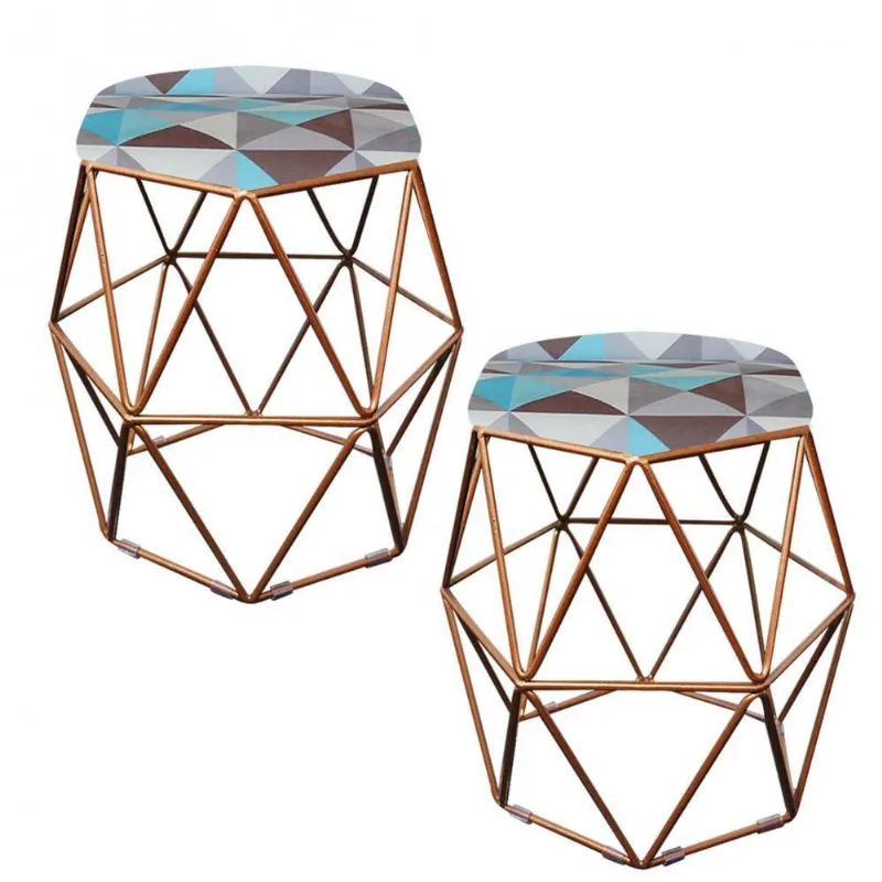 Kit 02 Puff Banqueta Aramado Luna Hexágono Base Bronze Triângulo Azul