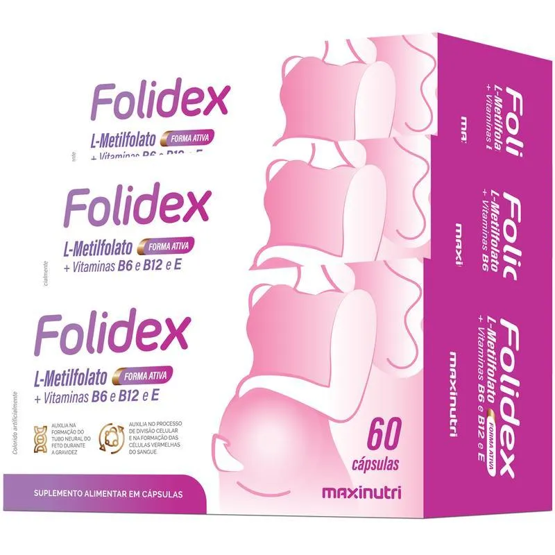 Kit 3 Folidex Metilfolato + Vitaminas B6 B12 E 60 Cápsulas
