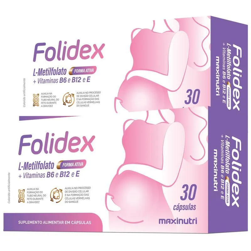 Kit 2 Folidex Metilfolato + Vitaminas B6 B12 E 30 Cápsulas