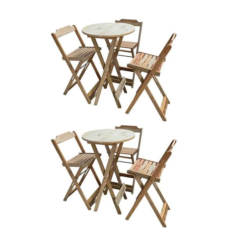 Kit 2 Jogos de Mesas Bistrô de Madeira Dobrável com 3 Banquetas - Crua
