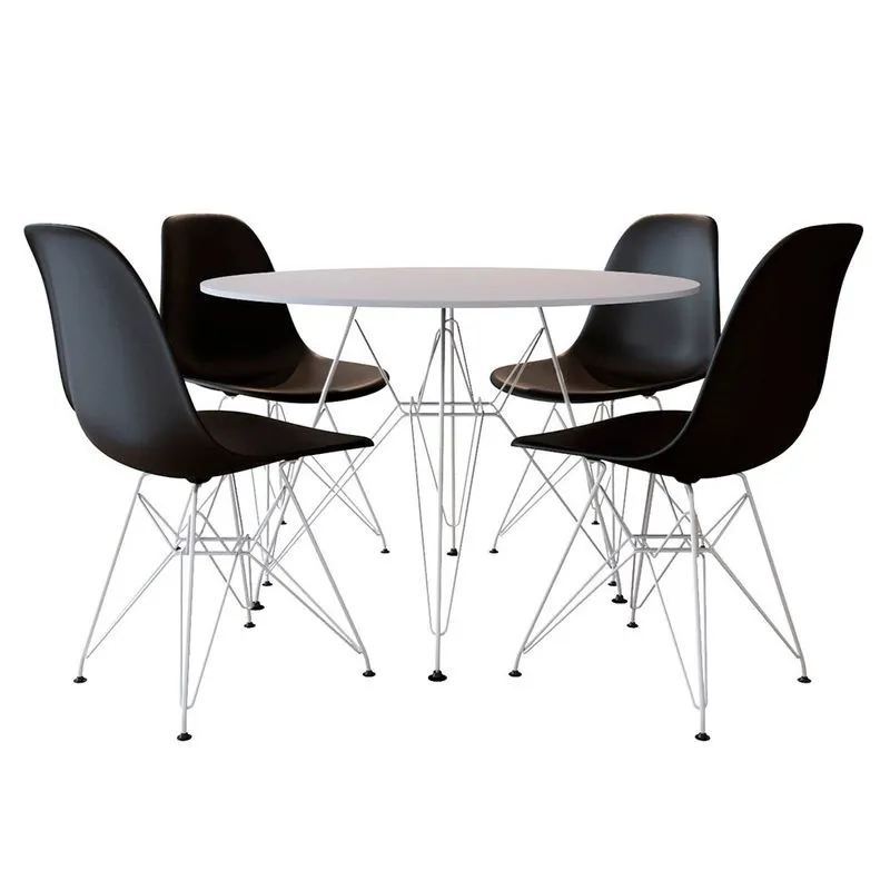 Conjunto Jantar Eames de Ferro Branco Tampo Redondo 90 Cm Branco 4 Cadeiras Preta