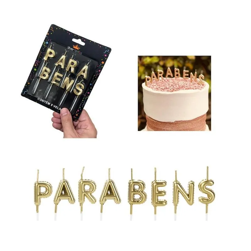 Vela Parabéns Dourada Festas Aniversários Elegante Surpresa