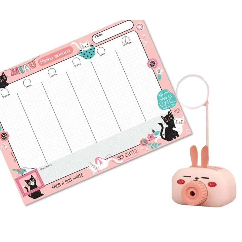 Kit Bloco Semanal Gatos +luminária Bichos Com Apontador Rosa