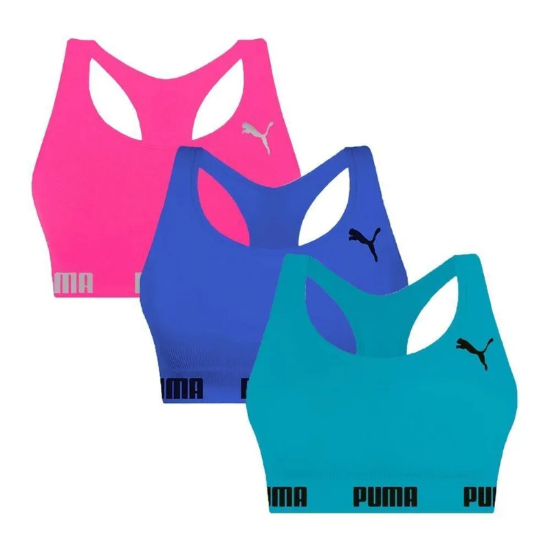 Kit 3 Tops Puma Nadador Sem Costura Feminino M / Azul e Rosa