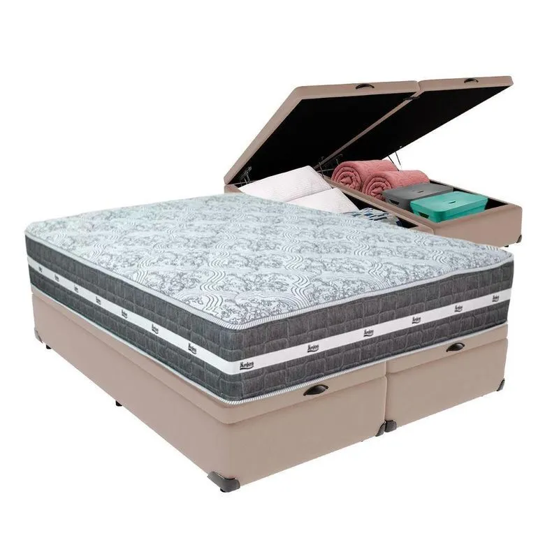 Cama Box Com Baú Bege E Colchão Queen Black Grafit Anjos Cor: bege