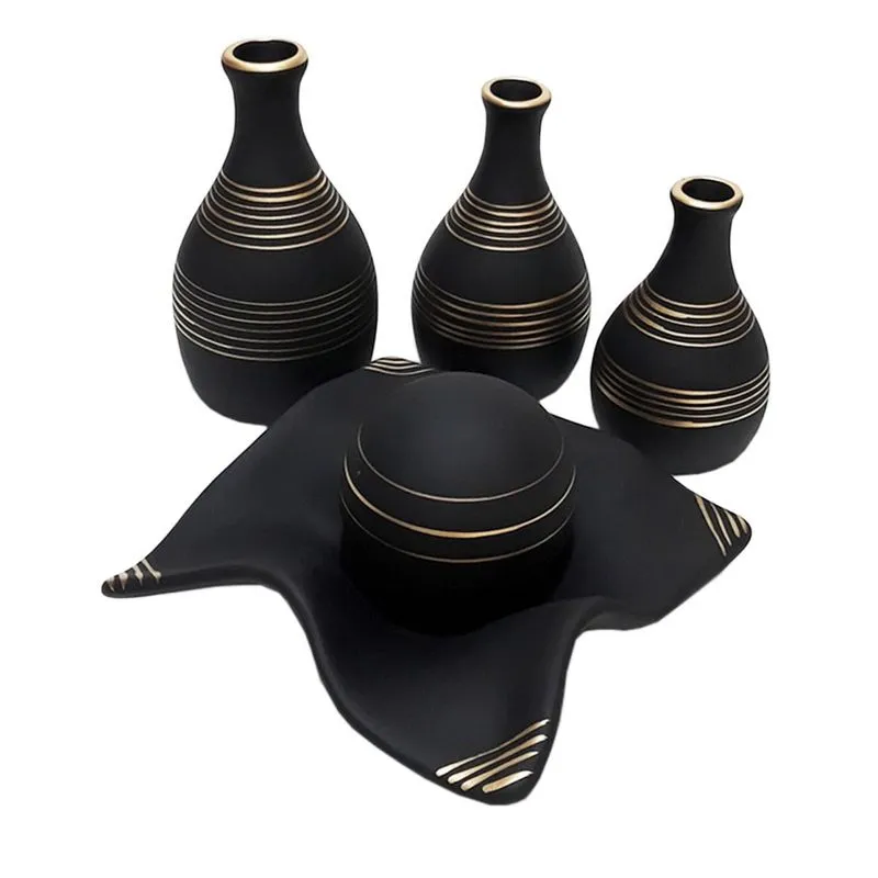 Jogo De Vasos Decorativos Ceramica Preto/dourado