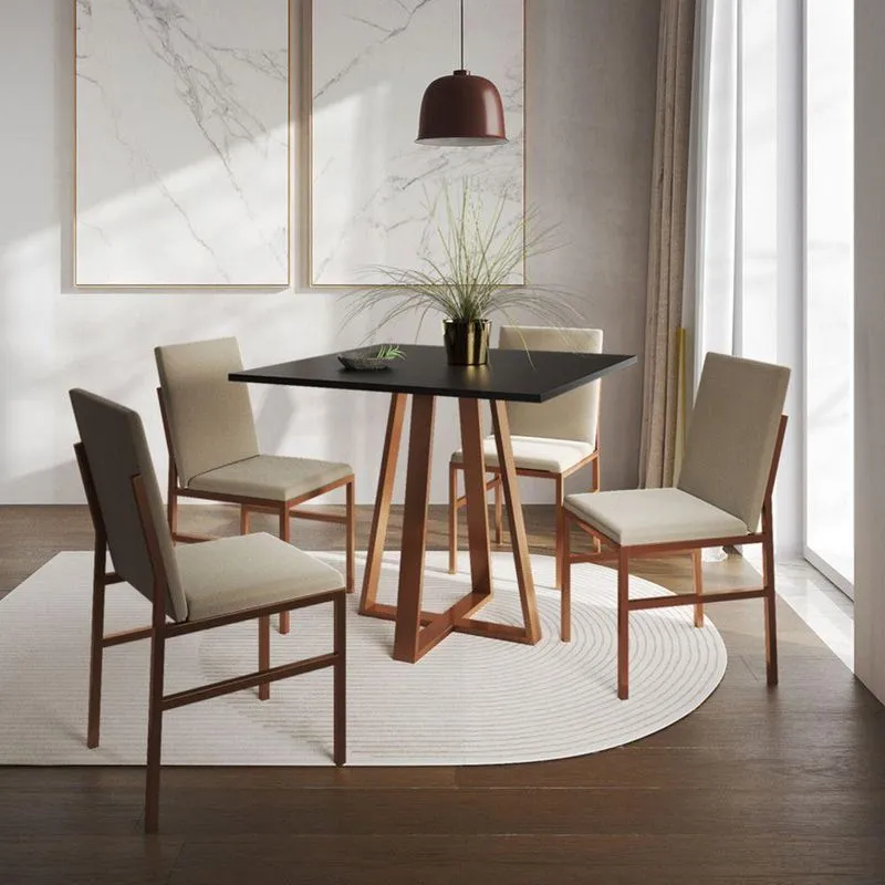 Conjunto De Jantar Mesa Mônaco 90cm Tampo Preto Com 4 Cadeiras Bege Base Cobre Preto