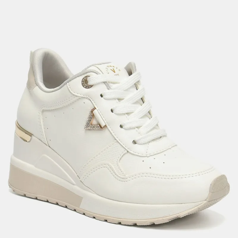 Tênis Anabela Aplique Cravejado Bege e branco e dourado 046-026-12 37