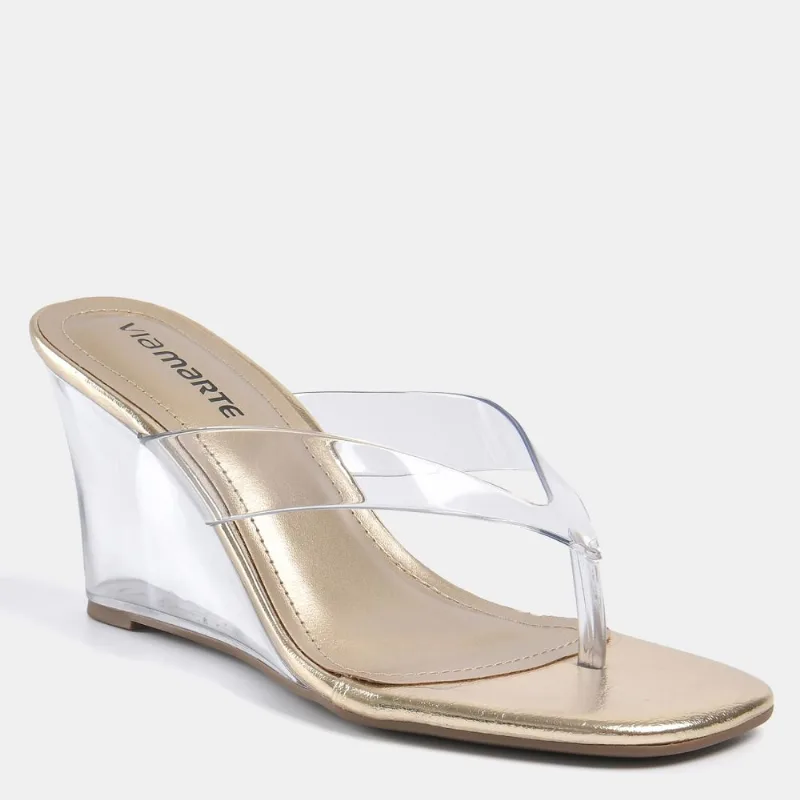 Tamanco Mule Anabela de Dedo Dourado e transparente 372-005-01 34