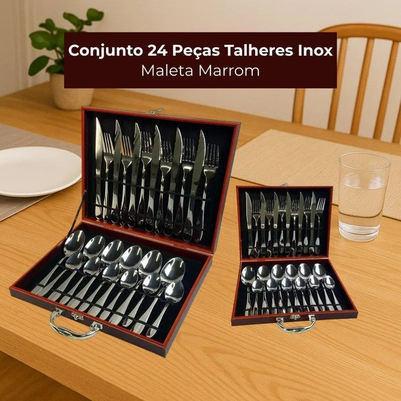 Conjunto 24 Peças Talheres Inox Com Maleta Marrom