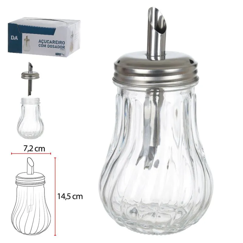 Acucareiro Vidro 210ml 14,5x7,2cm C/Dosador Inox (Transparente) Florarte