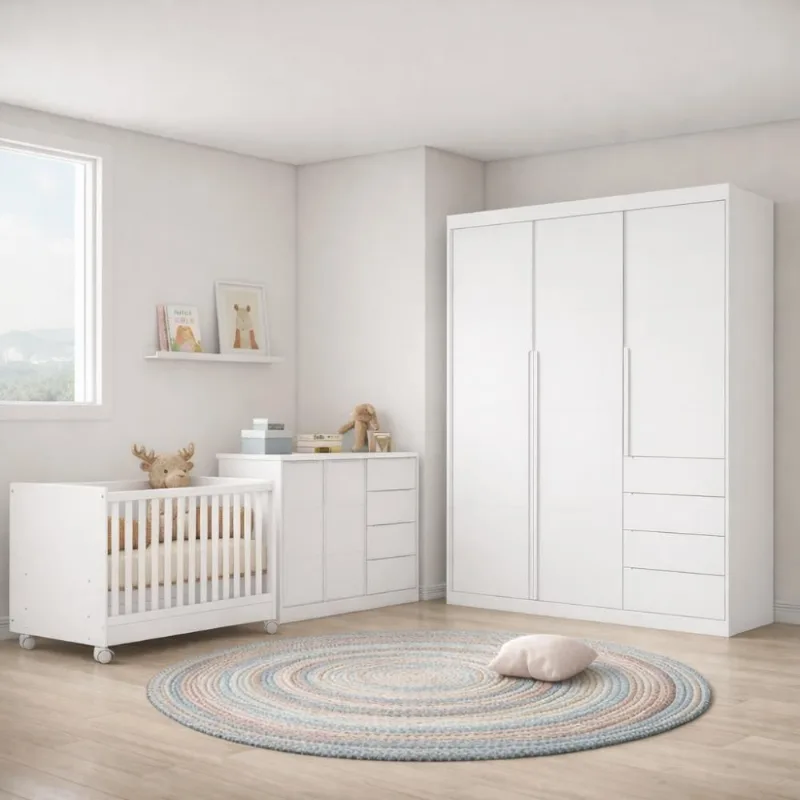 Jogo de Quarto Pérola com Guarda Roupa 3 Portas Cômoda 2 Portas Berço Mini Cama MDF Branco Phoenix
