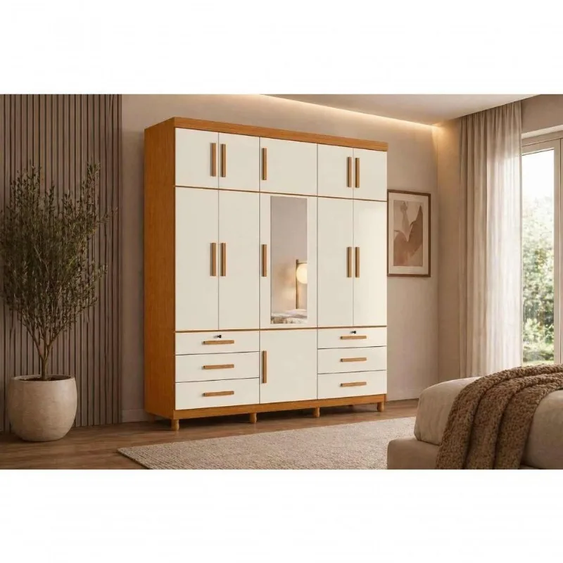 Guarda Roupa Casal Triton Plus 11 Portas de Bater 6 Gavetas MDP com Espelho Cinamomo Off White 201CM