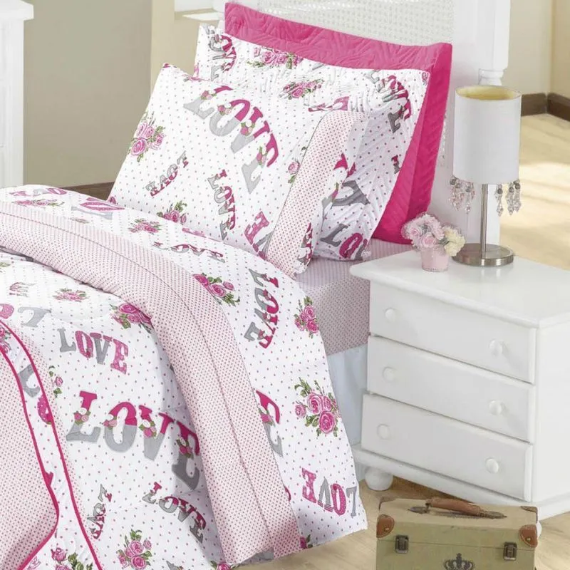 Jogo de Cama Love Pink Solteiro Percal 180 Fios 3pçs