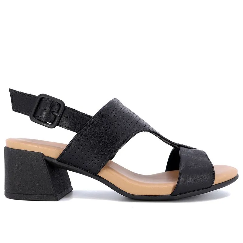 Sandália Salto Bloco Couro Preto Laser 40