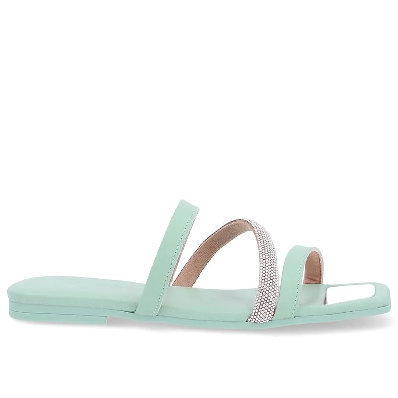 Rasteira Bico Quadrado Couro Verde Strass 34