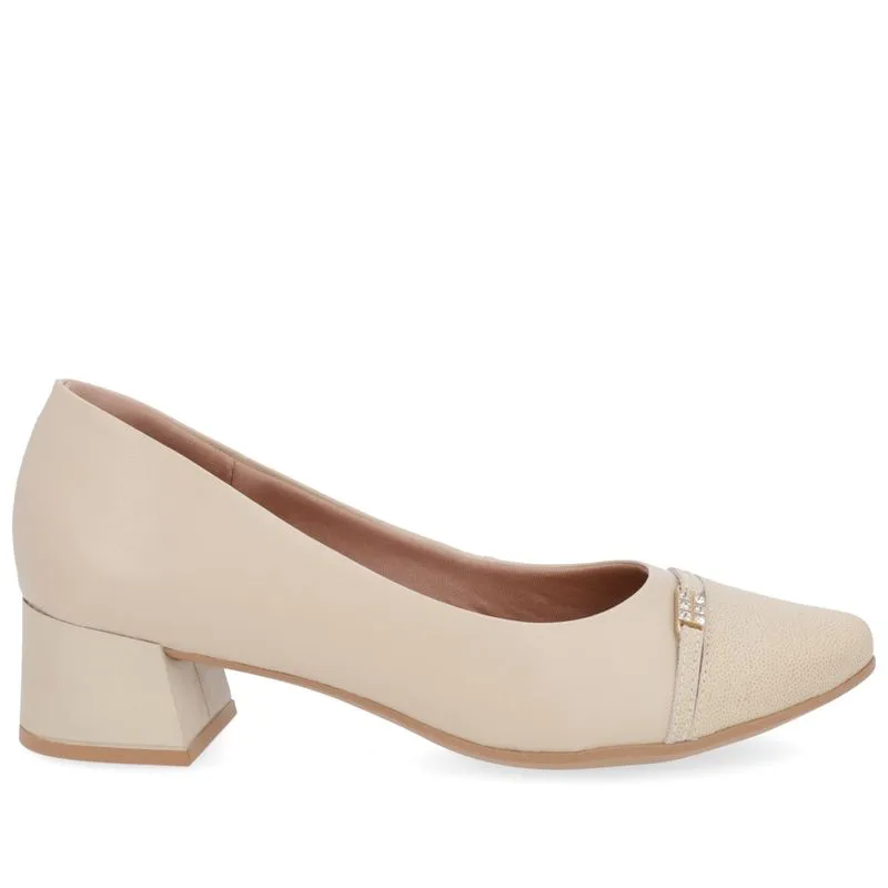 Scarpin Couro Bege Salto Bloco Bico Redondo 35