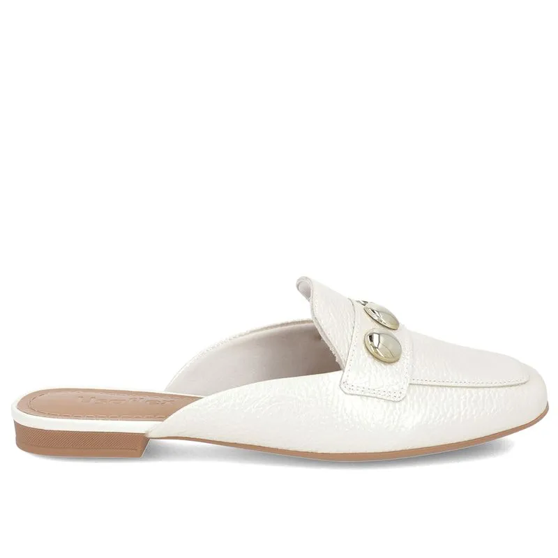 Mule Off-White Perolado Couro Salto Rasteiro 38