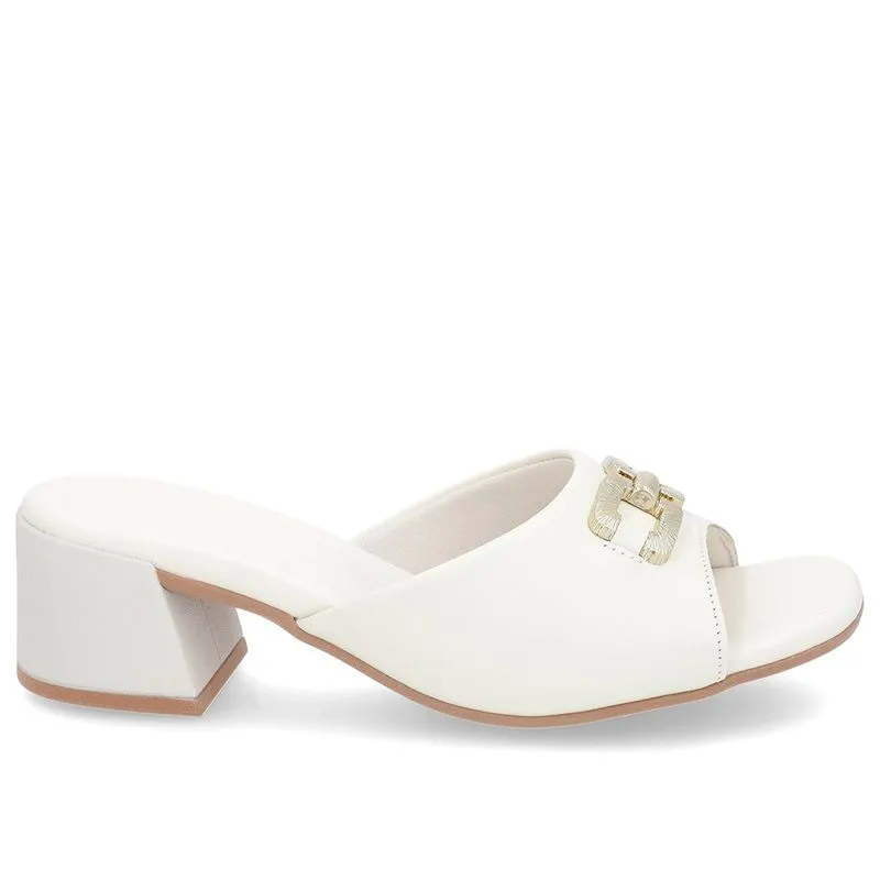 Tamanco Salto Bloco Couro Off-White Enfeite 37