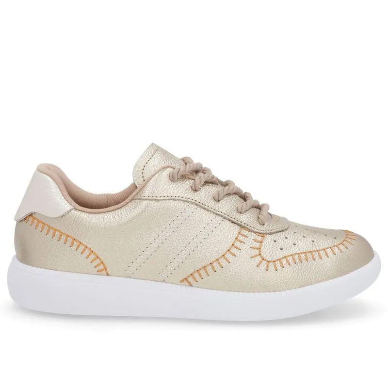 Tênis Dourado Couro Estilo Costura Enfeite 35