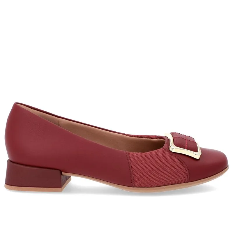 Scarpin Bico Quadrado Couro Vermelho Detalhe Tecido 36