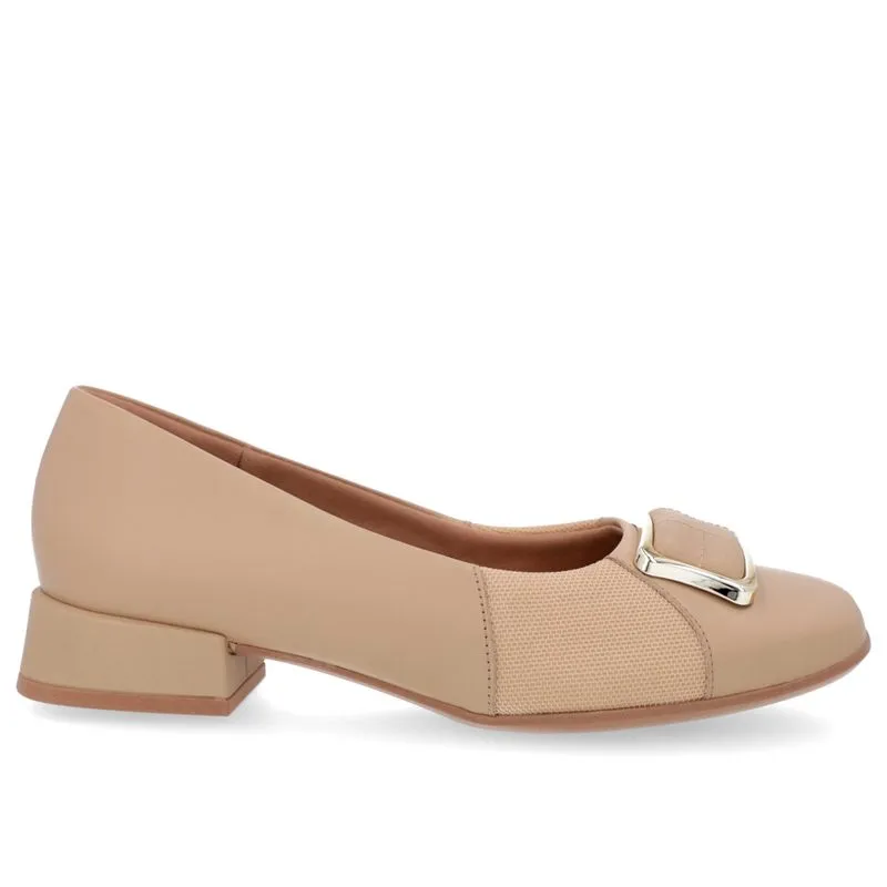 Scarpin Bico Quadrado Couro Bege Detalhe Tecido 40